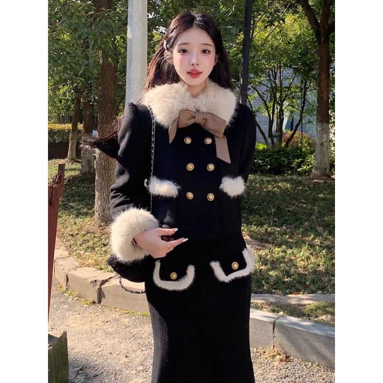 FJ~小香风毛毛领夹棉加厚毛呢外套女秋冬套装包臀半身裙短裙子