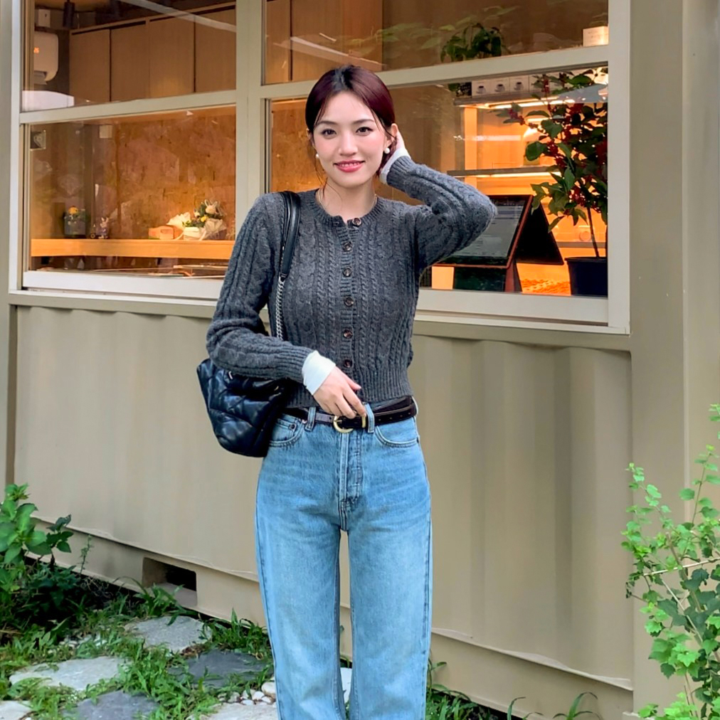 【D】 圆领单排扣长袖气质麻花毛衣美式复古时尚针织短款开衫 Q7471