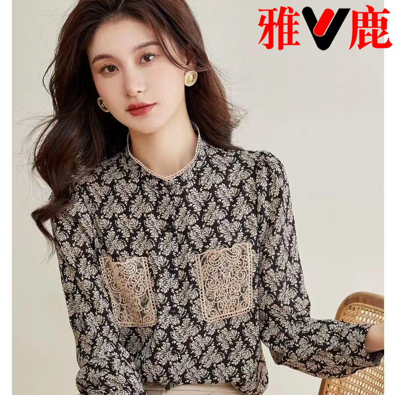 V/雅鹿2023春装新款雪纺衫女立领碎花长袖上衣衬衫洋气小衫显瘦潮