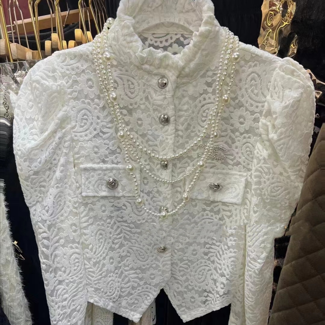 简爱女装 立领泡泡袖短款不规则薄款打底蕾丝衬衫上衣 9008