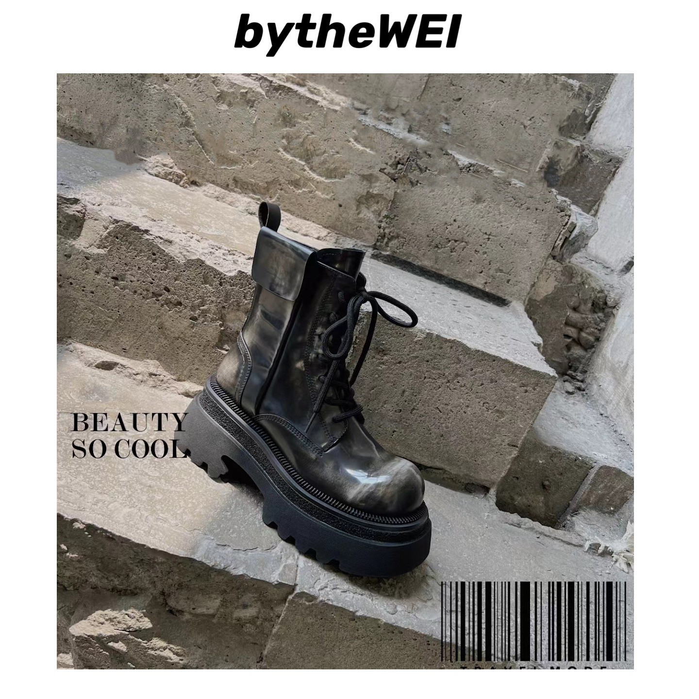 bytheWEI~设计师款【小翻盖】复古金属系带厚底马丁靴女短靴机车靴