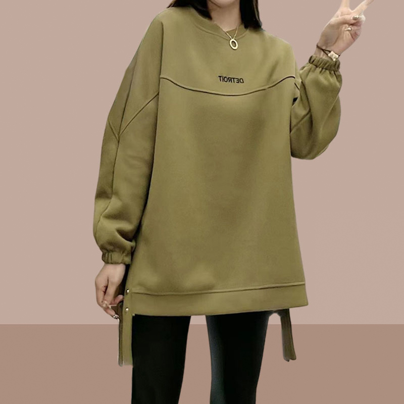 2023早春秋新款中长款遮屁股女士卫衣百搭洋气上衣无帽小个子圆领