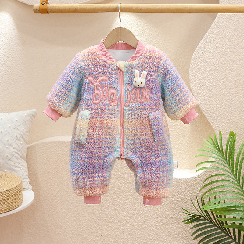 DB【彩虹小兔】新生婴幼儿连体衣冬季加厚棉服满月百天爬服冬装棉衣