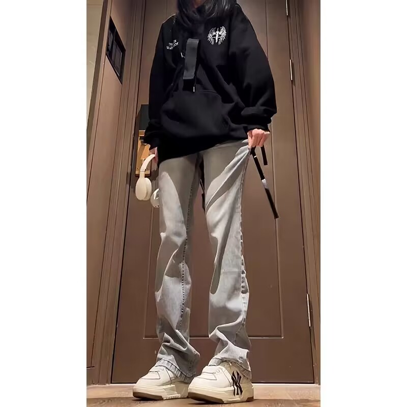 烟灰雾霾灰牛仔裤男款加绒秋冬ootd美式微喇裤子高级感宰版直筒裤