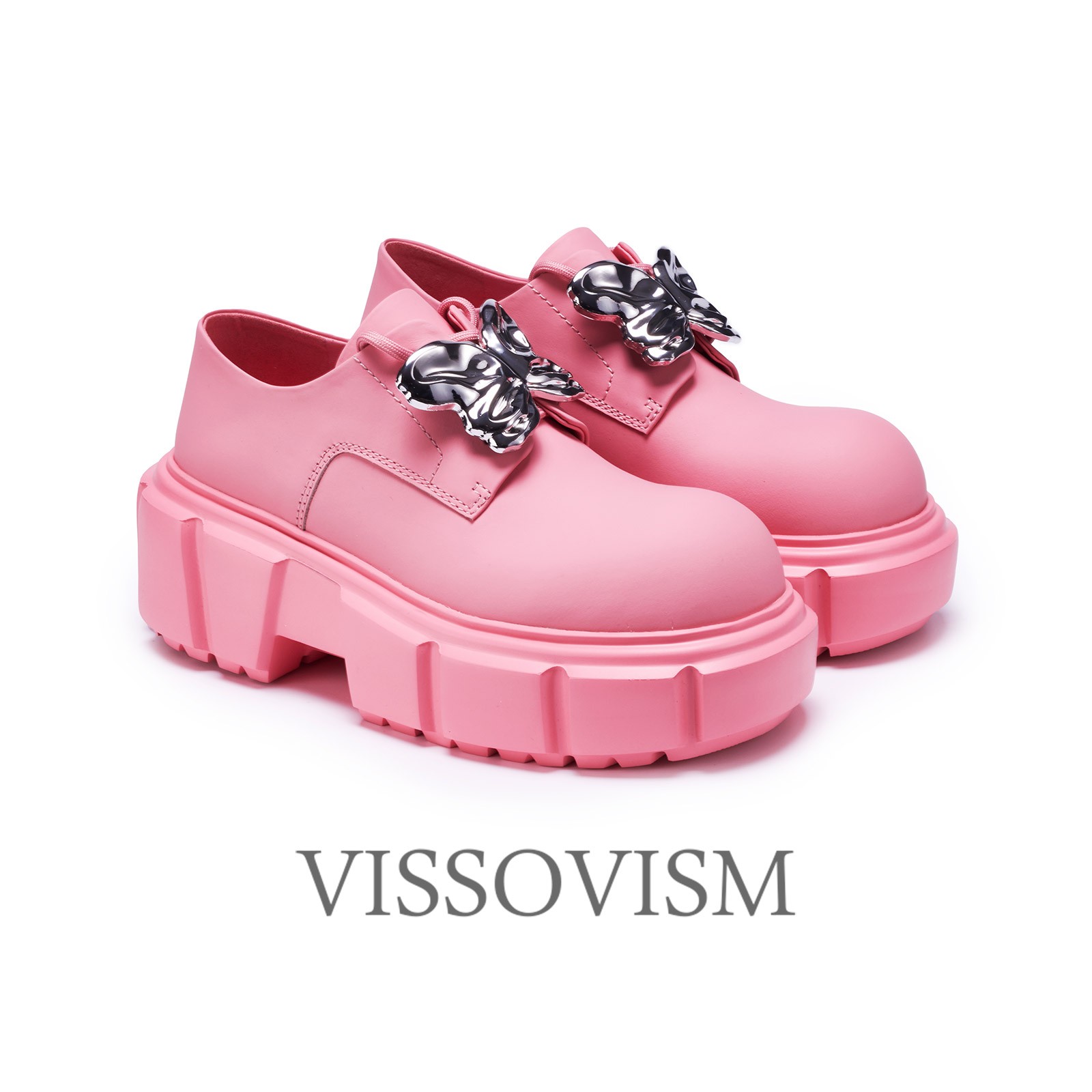 VISSOVISM甜酷金属蝴蝶装饰系带小皮鞋 W87062