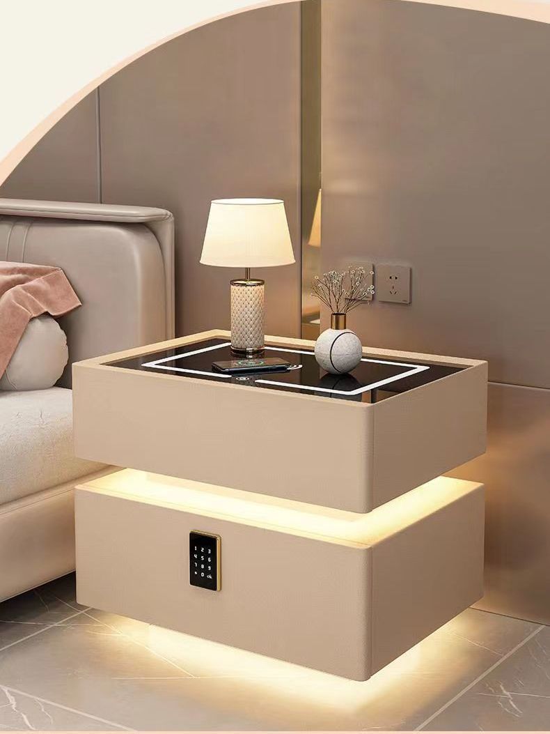 悬浮床头柜现代简约奶油风实木智能无线充电蓝牙音响密码锁床边柜