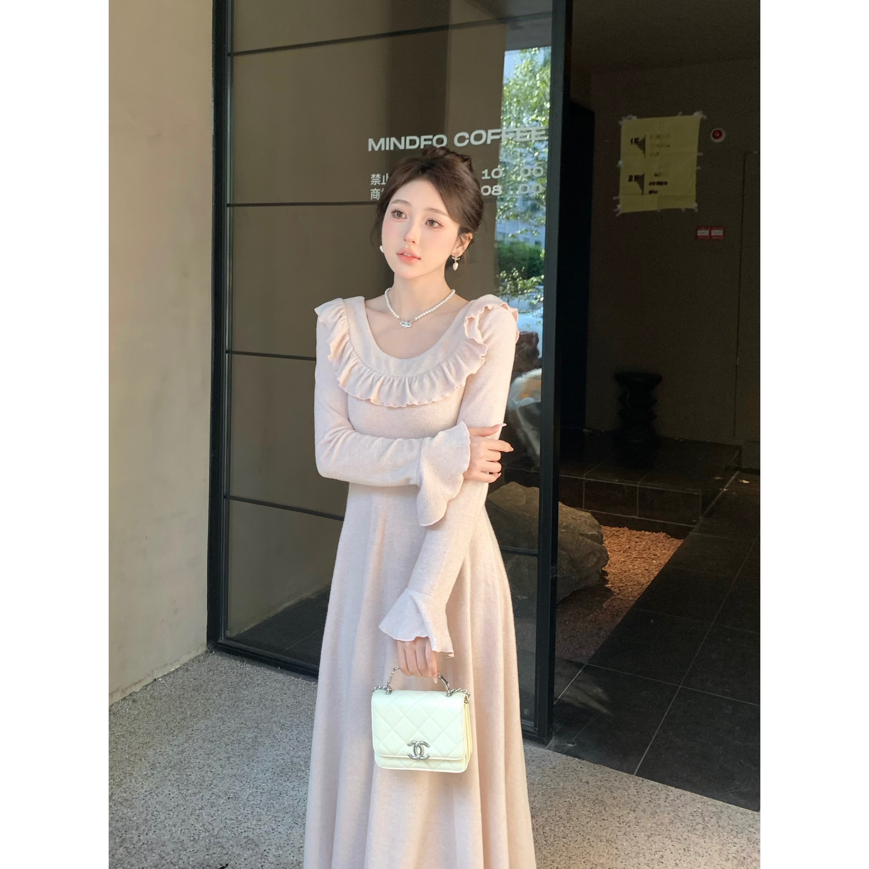 星仔小个子【曼哈顿少女】设计感温柔风褶皱针织连衣裙显高长裙026