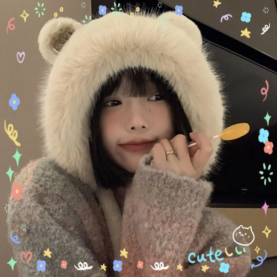 冬季保暖百搭可爱耳朵毛绒套头帽女加绒保暖帽秋冬季加厚男女帽子