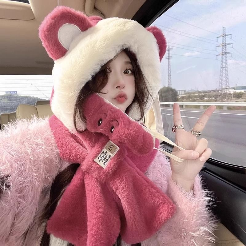 树莓熊帽子围巾围脖一体女冬季护耳罩亲子帽毛绒骑车保暖滑雪帽