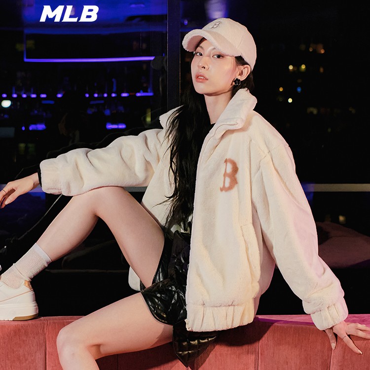 MLB男女情侣撞色logo学院风仿羊羔绒夹克外套浅米色新款3AFDV0236