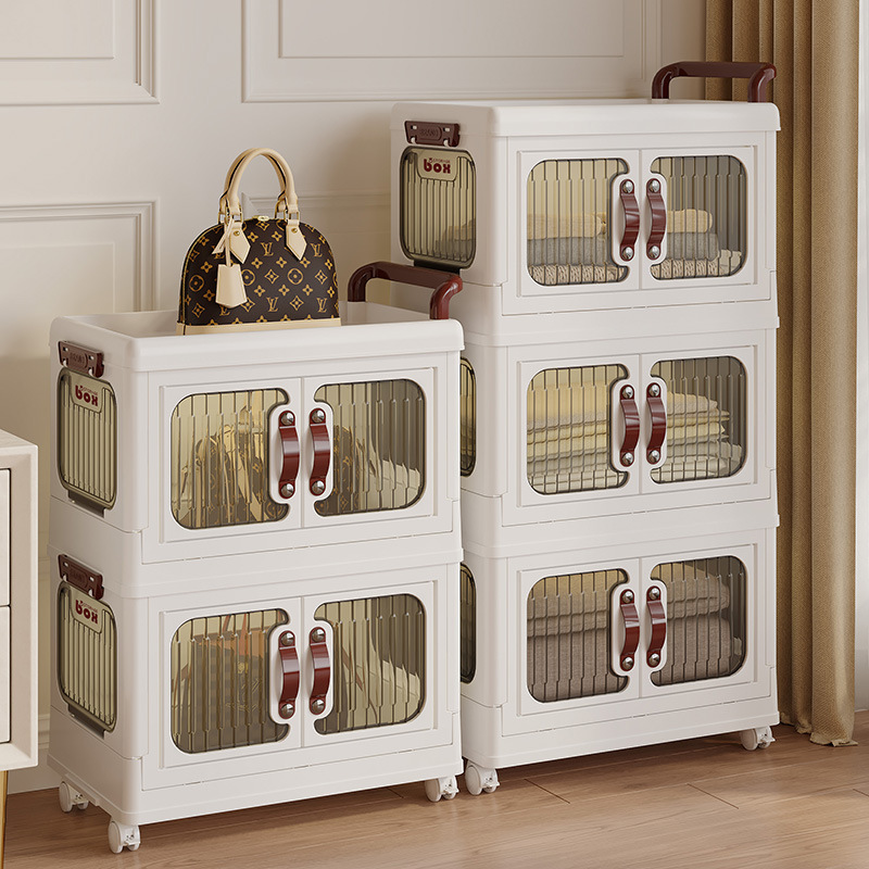 家用折叠收纳柜多层塑料储物柜子透明零食多功能客厅小推车置物架