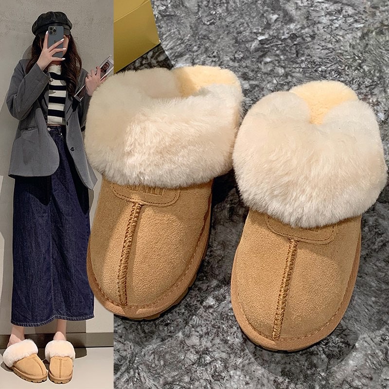 【老彭同学】冬季毛毛拖鞋保暖加绒包头半托雪地靴A777