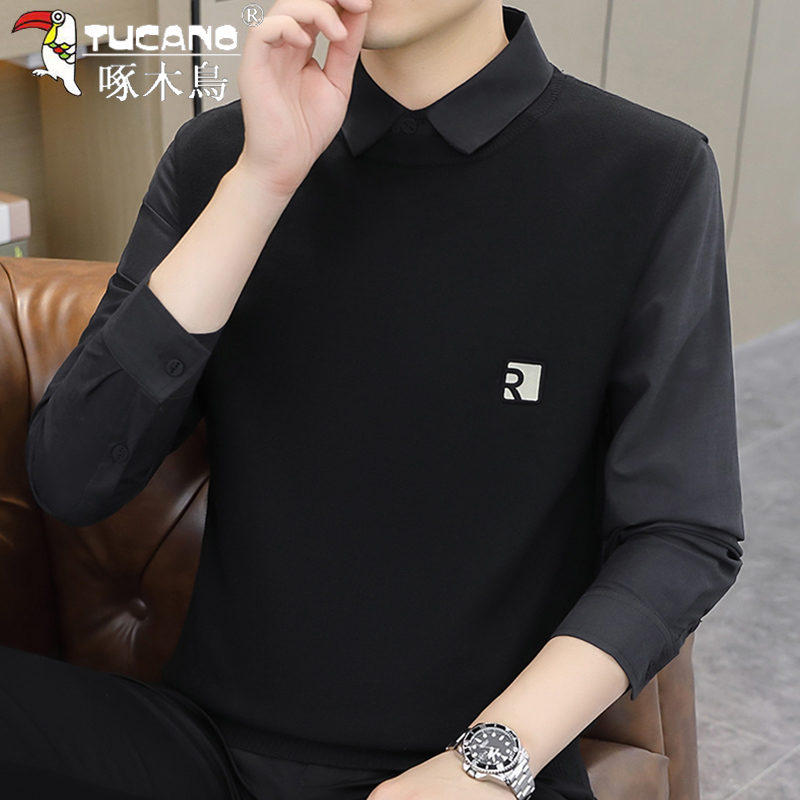 TUCANO/啄木鳥男士假两件毛衣加厚秋冬季新款衬衫领休闲针织衫男