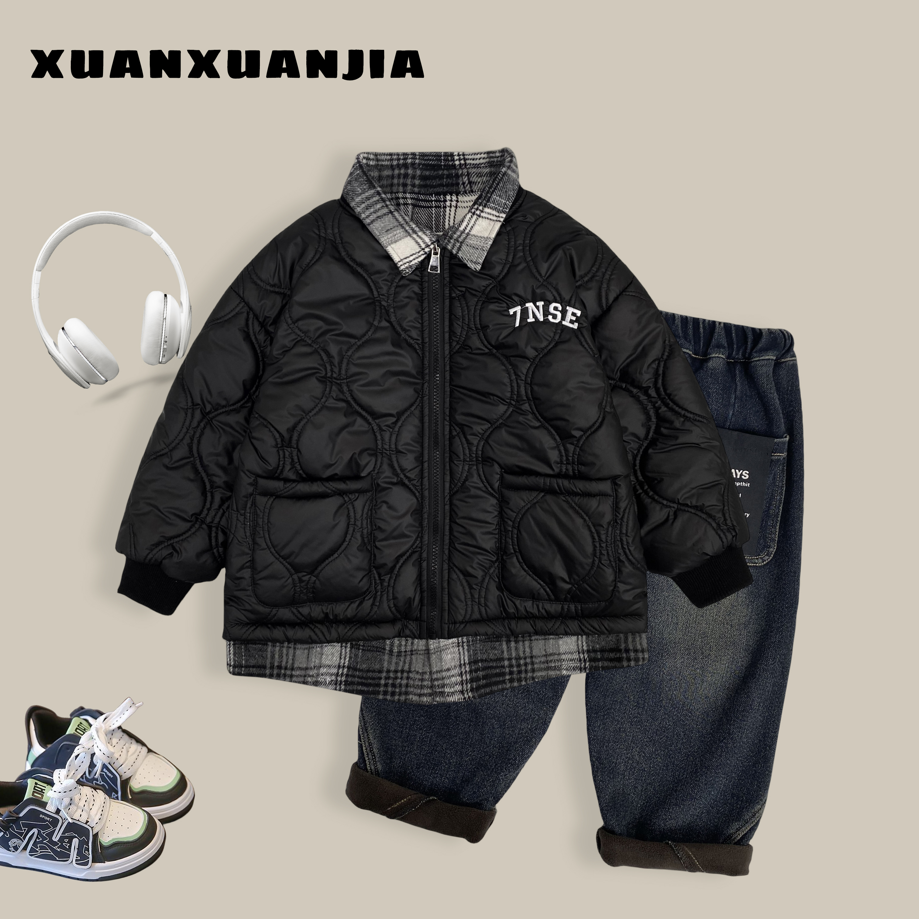 Q1385童装男童冬季夹棉加绒棉服外套2023假两件棉袄潮萱萱家童装