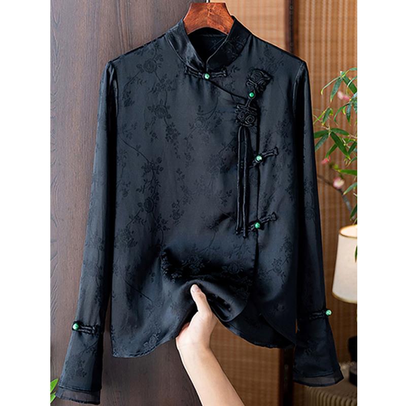 新中式立领国风流苏盘扣斜门襟上衣女士长袖改良旗袍缎面衬衫