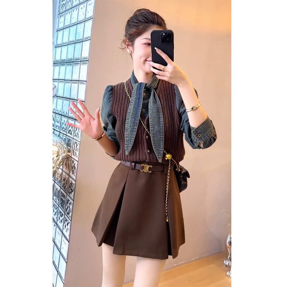 小众牛仔拼接泡泡袖针织毛衣休闲毛呢短裙小个子裤裙显瘦减龄套装