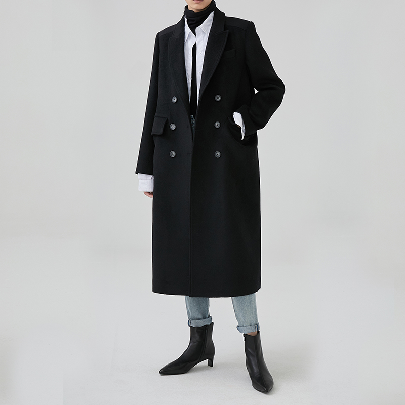 范洛双排扣西装呢子大衣女中长款黑色赫本风毛呢FC18D018推广