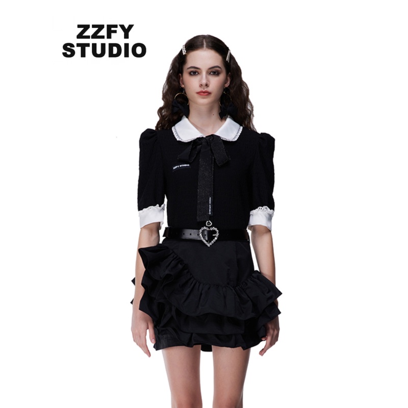 ZZFY STUDIO黑白褶饰短裙复古不对称连衣裙23LYQ140004B