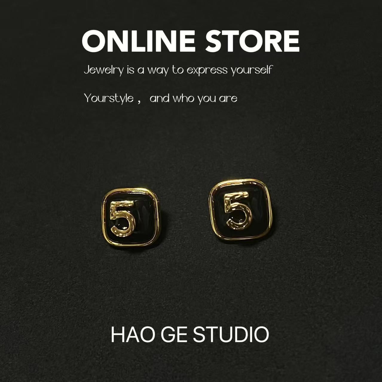 铜合金耳饰 6433=时尚黑色法式复古耳钉