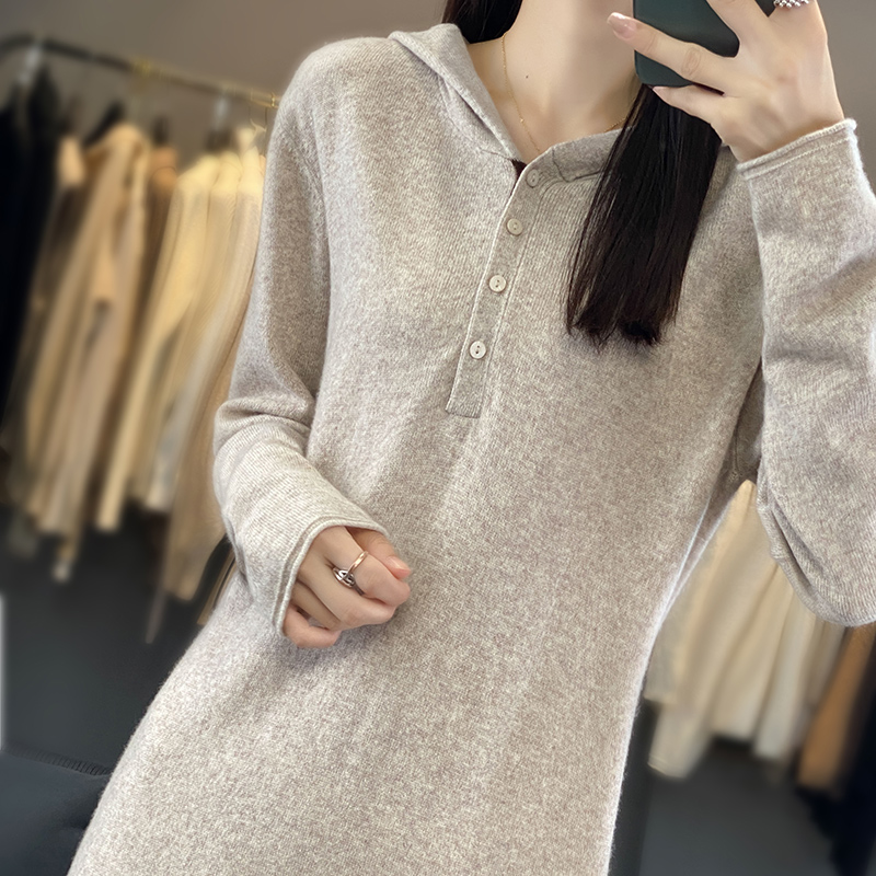 连帽针织长裙女带扣套头直筒宽松显瘦过膝长款毛衣秋冬开叉连衣裙