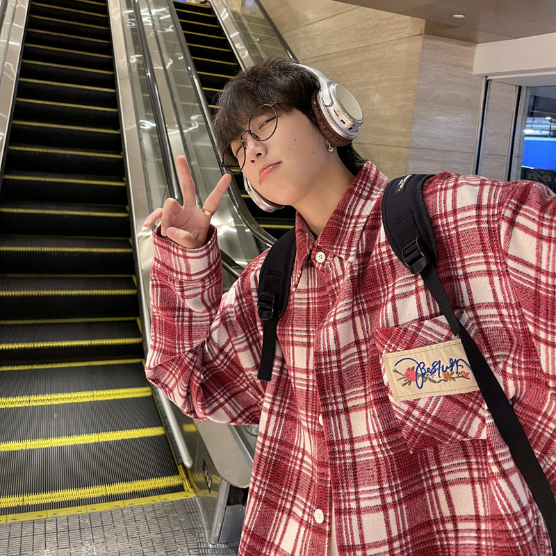 格子衬衫男长袖春秋季新款潮流百搭痞帅绣标衣服宽松休闲衬衣外套