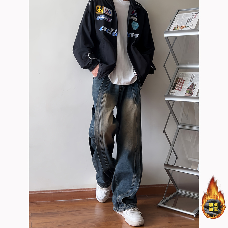 2023秋冬季新款加绒牛仔裤美式复古水洗潮流长裤男士宽松休闲裤子