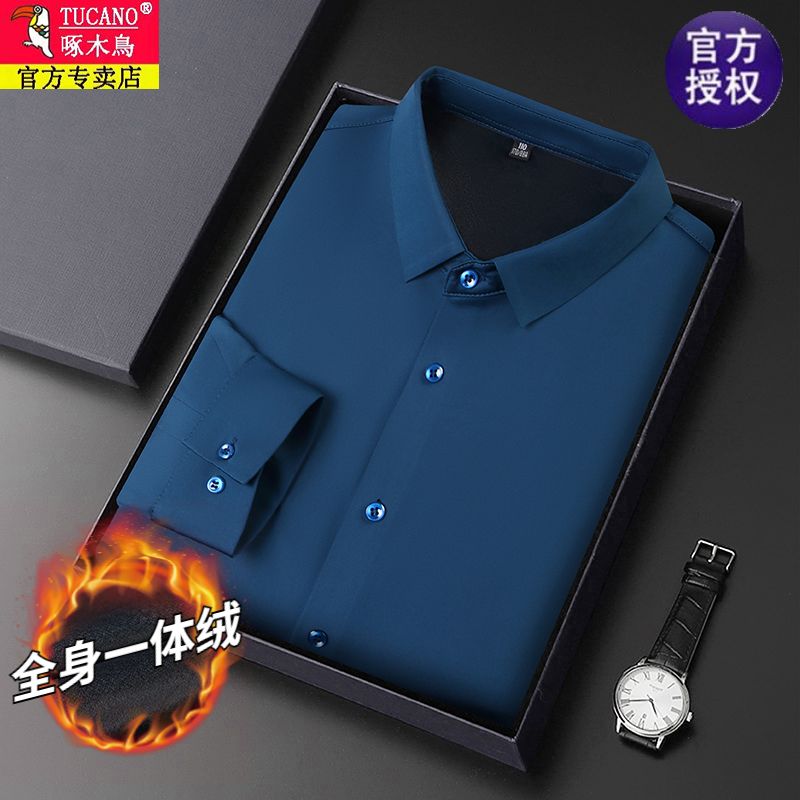 【高弹力加绒加厚】啄木鸟高档桑蚕丝长袖衬衫男免烫非牛仔裤男士