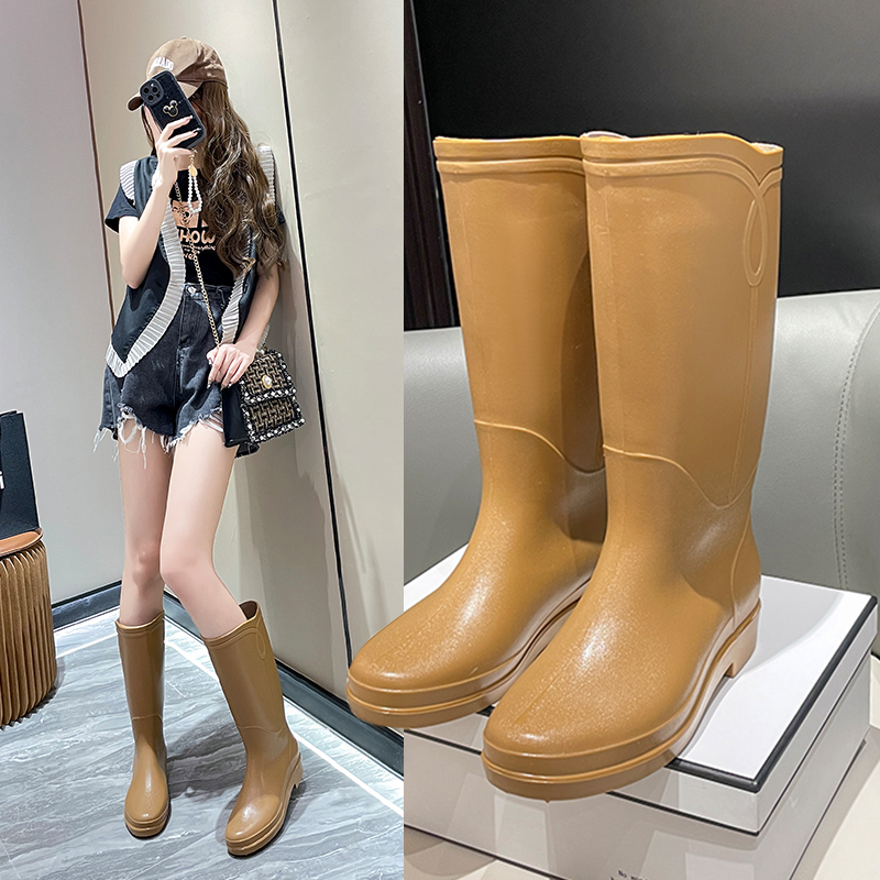 百丽纯爱高筒雨鞋女成人加绒时尚外穿防滑防水鞋胶鞋赶海厨房长筒