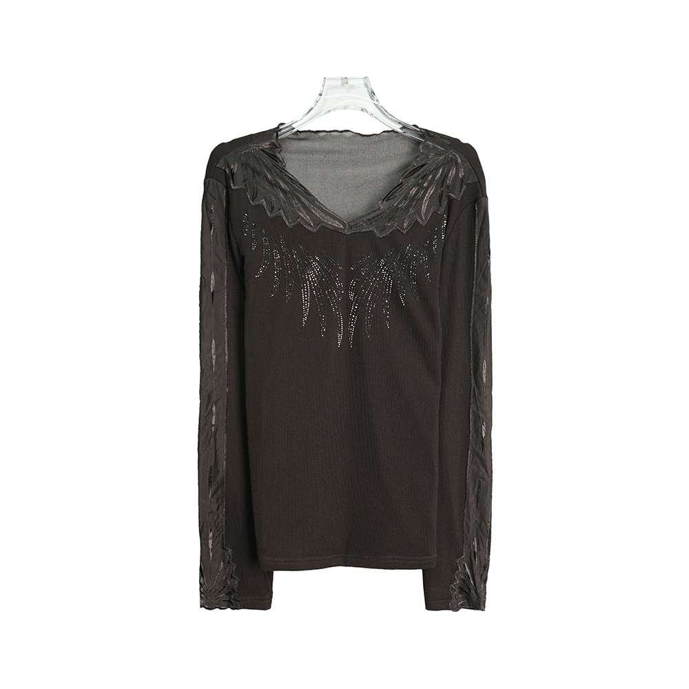 X835【上新】时尚V领蕾丝深棕色加绒性感修身打底衫长袖T恤