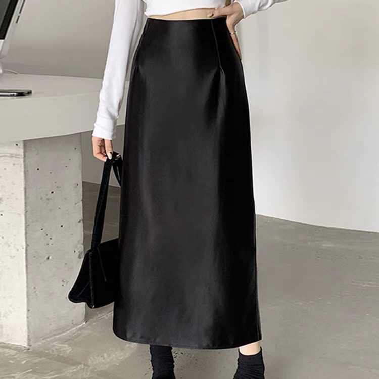 X0225【上新】高级感黑色缎面气质后开叉直筒中长半身裙3D