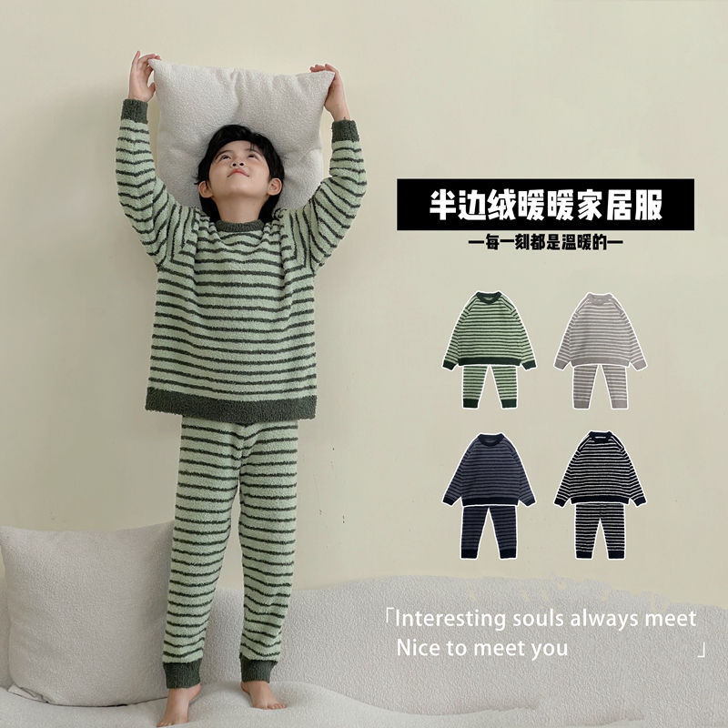 【睡个好觉】若大王条纹保暖秋冬儿童温暖居家童装套装 DT-GD005
