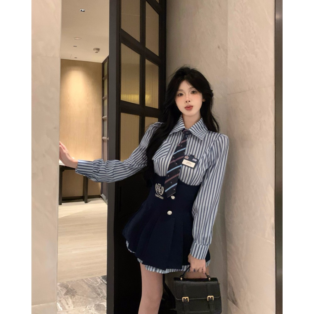 学院风条纹长袖衬衫上衣+高腰显瘦短裙新款时尚秋季两件套女装潮