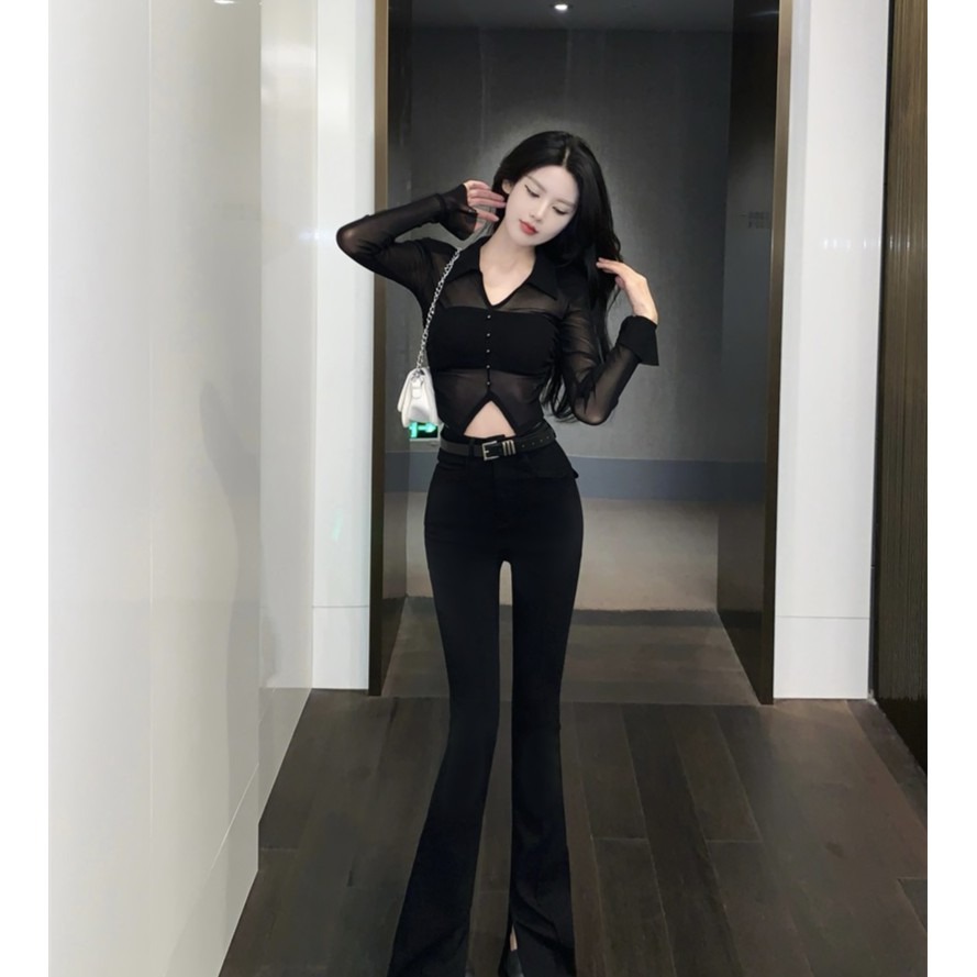 性感辣妹网纱气质上衣+百搭不规则开叉配腰带长裤新款时尚两件套