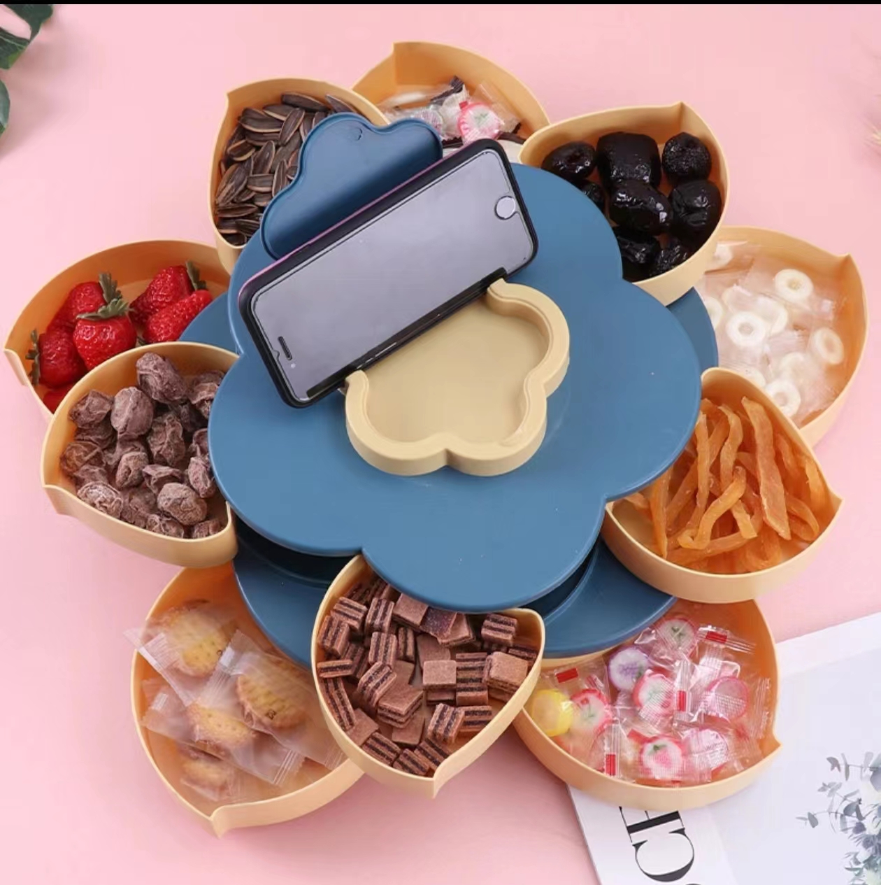 双层加厚花瓣旋转果盘多格带盖糖果盒瓜子坚果盒客厅家用干果盒