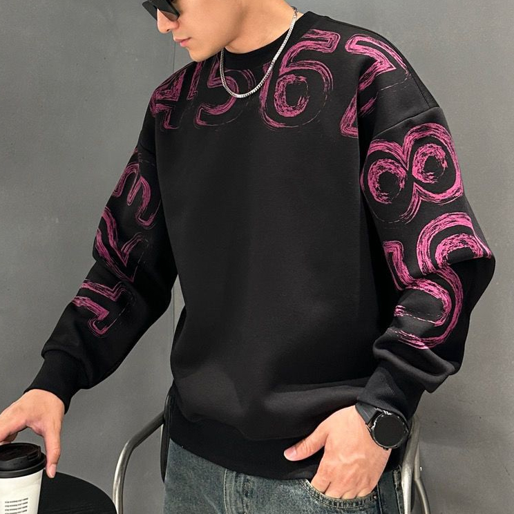休闲重磅时尚百搭设计印花宽松加绒卫衣男帅气个性潮ins圆领长袖