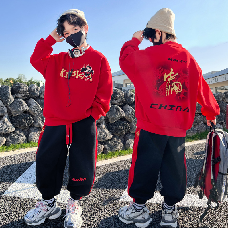 男童红色龙年卫衣套装冬装加绒加厚2024新款新年儿童拜年服冬季款