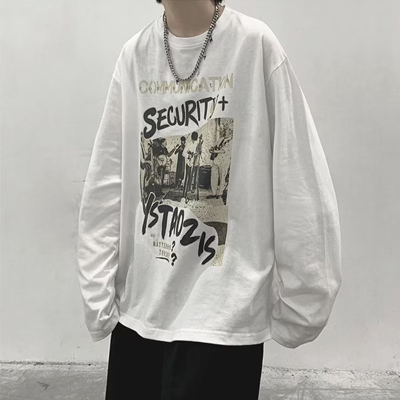 白色长袖t恤男潮牌春秋内搭潮流百搭打底衫圆领宽松休闲运动上衣