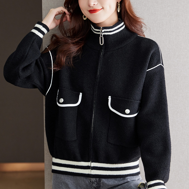 仿水貂毛衣开衫秋冬宽松休闲女装2023新款拉链立领毛呢外套高级感