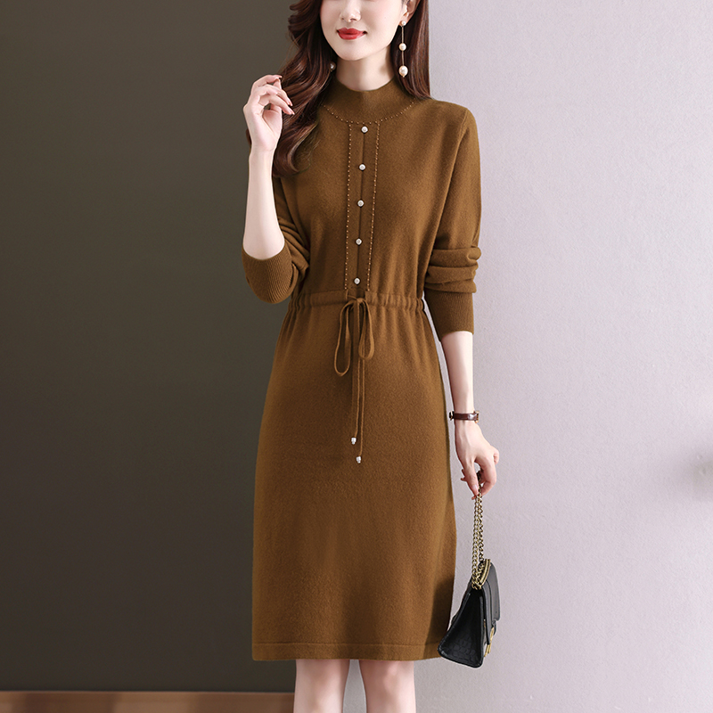 100纯羊毛连衣裙秋冬气质高级感女装毛衣裙中长款收腰显瘦打底裙