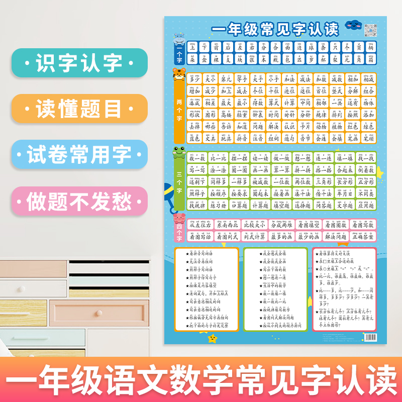 一年级常见字认读挂图小学生识字认字大全数学语文儿童学习挂图