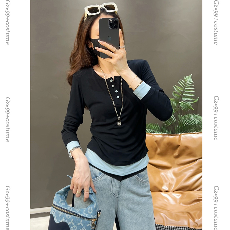 小九推荐浓意蜜意 2023初秋新款时尚潮流下摆拼色纽扣T恤-T5706