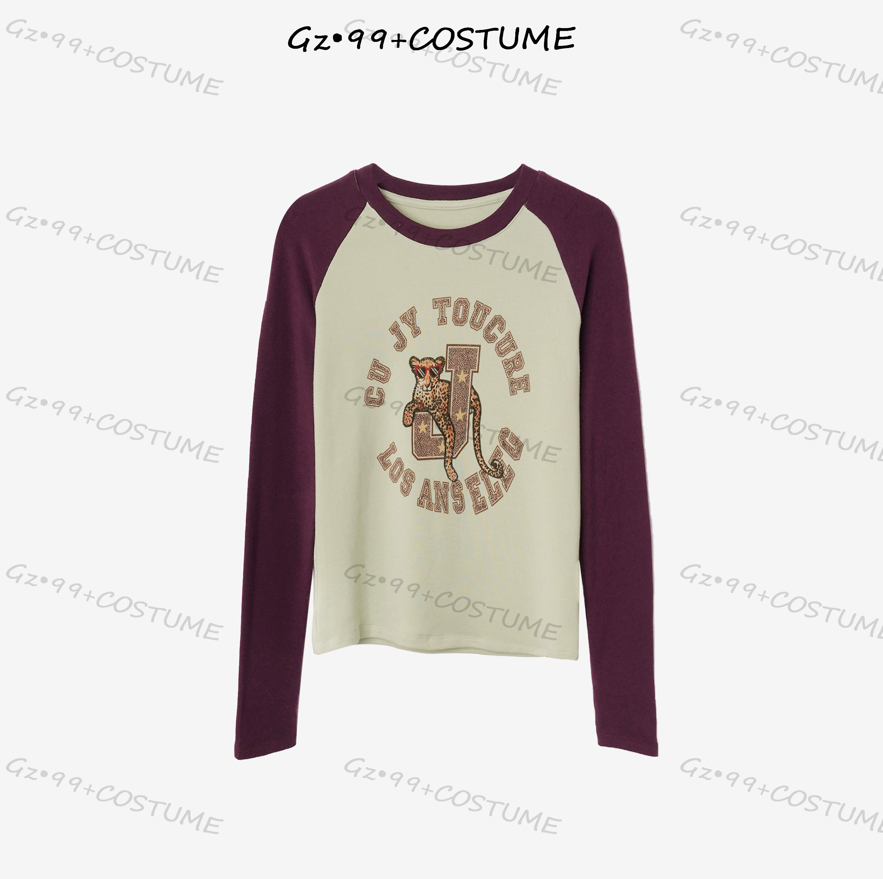 小九推荐2023秋冬新款简约加绒加厚复古拼色印花长袖T5779