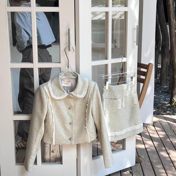 【秋季上新啦！】1232新款小香风拼接花边气质名媛高级外套+半身裙