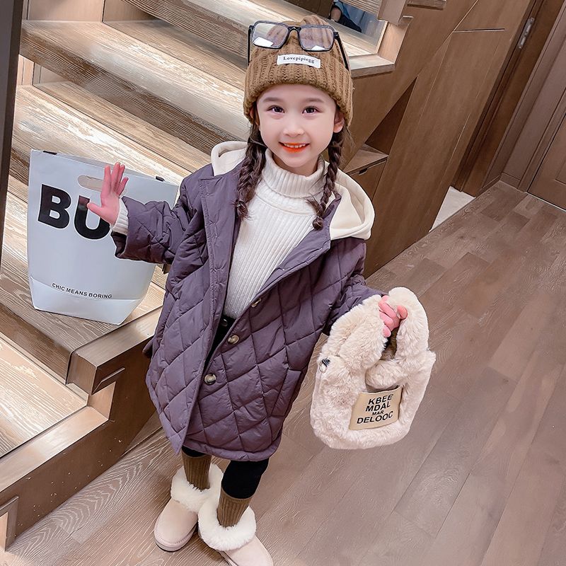 女童外套2023冬季新款洋气儿童中长款菱形格子航线拼色连帽棉衣潮