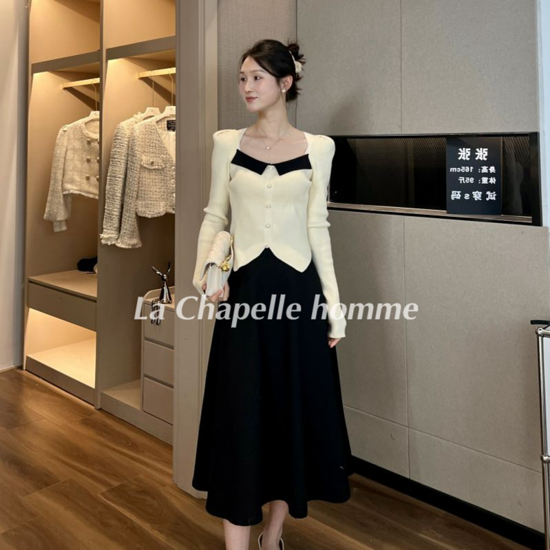 拉夏贝尔2023年秋季新款时尚小香风撞色上衣半身裙套装 7832 CZG