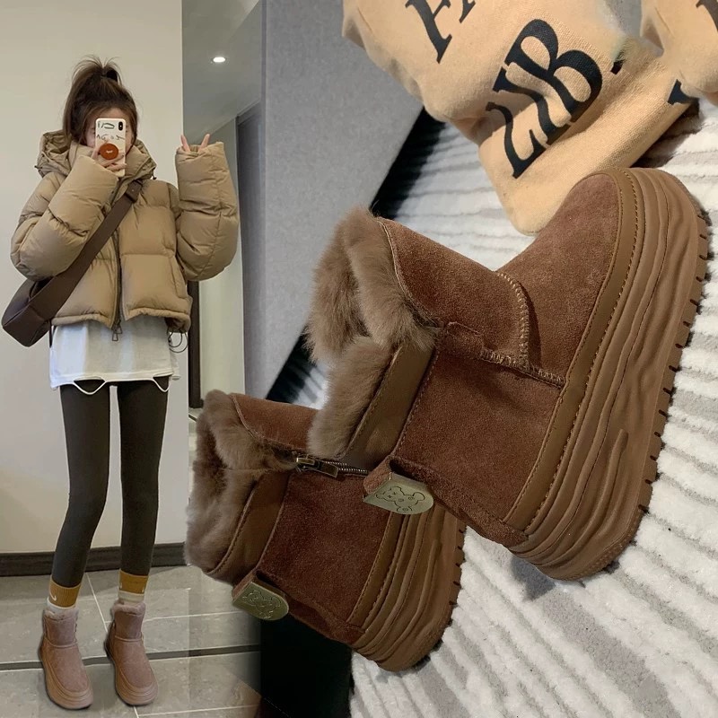 黑巧 冬季雪地靴女磨砂皮毛一体绒加厚保暖短筒雪地靴2828（棉）