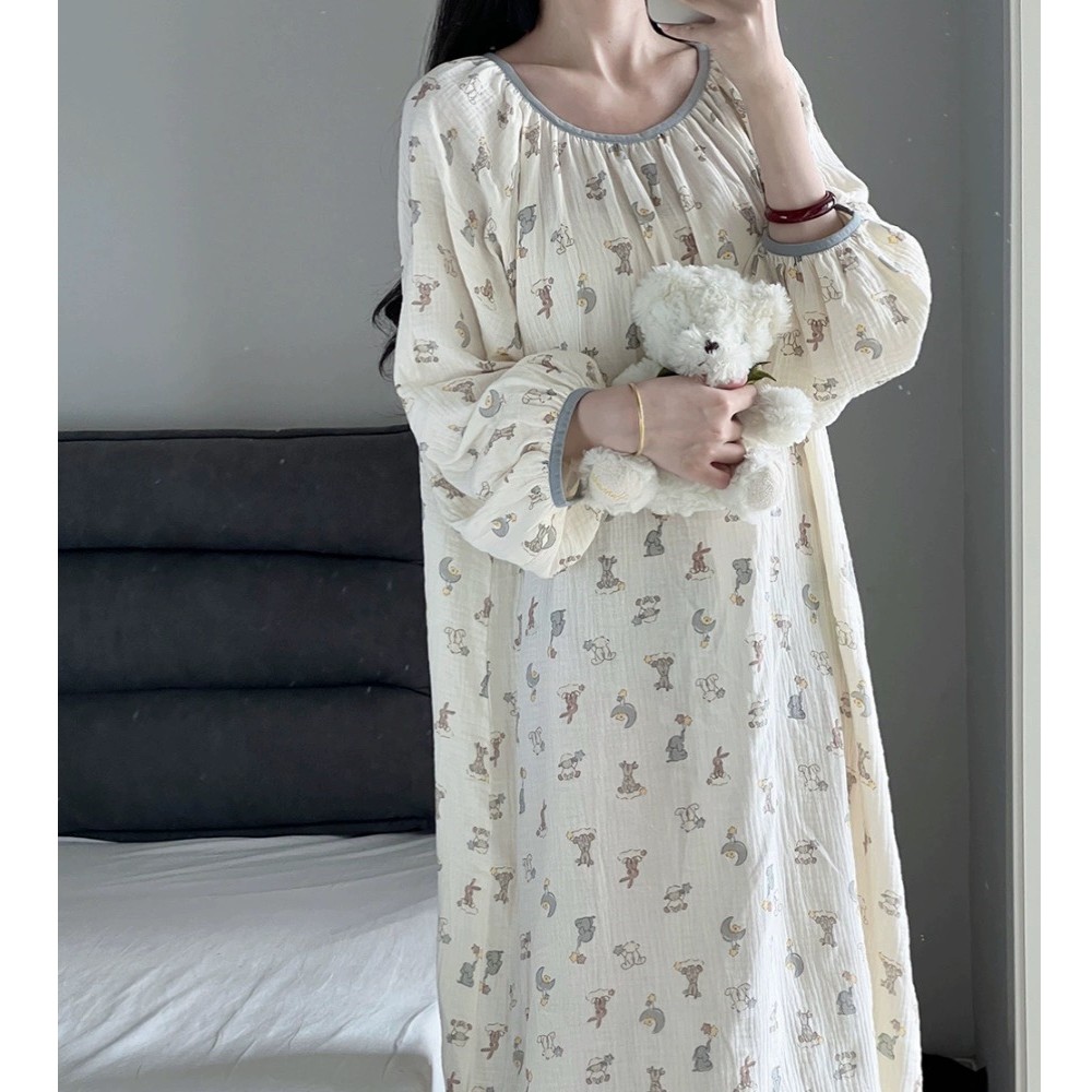 可爱卡通兔子印花长袖睡衣女春秋款新款韩版长款睡裙家居服连衣裙