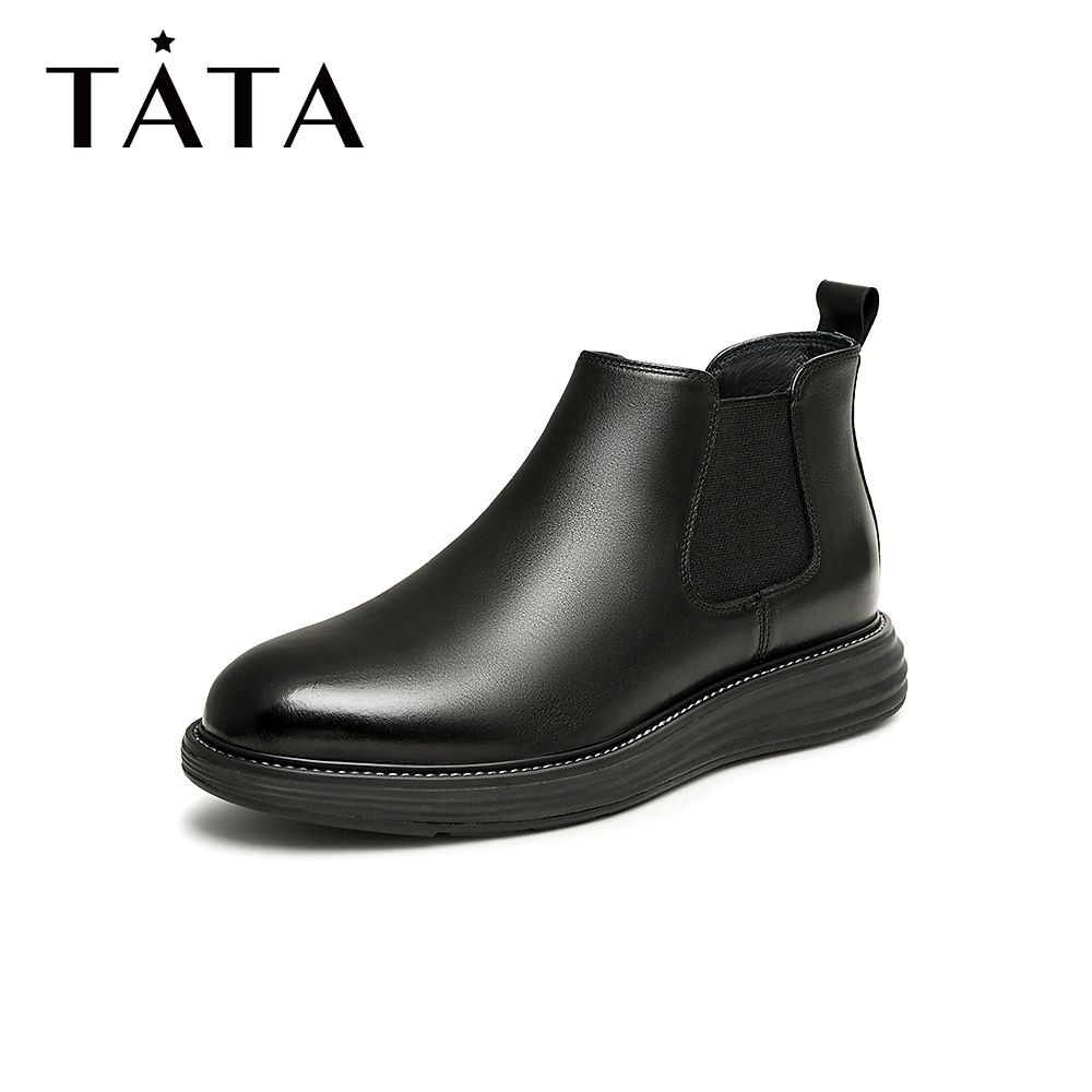 Tata/他她时尚舒适百搭休闲高帮简约纯色系带低靴男OBF01DD3