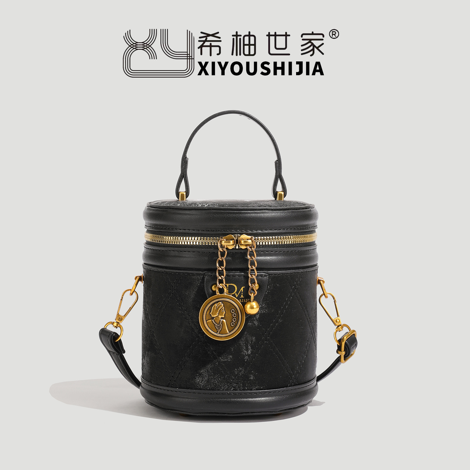 秋冬新款水桶包百搭复古单肩斜挎包6650黑色