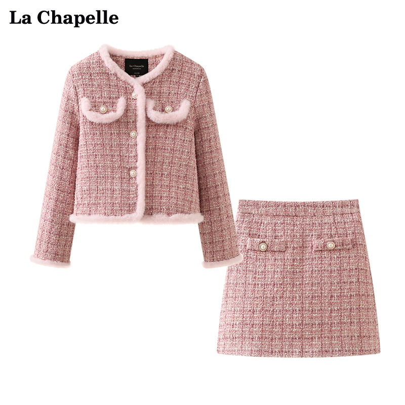 拉夏贝尔/LaChapelle圆领小香风毛毛边外套半身裙格子两件套女冬